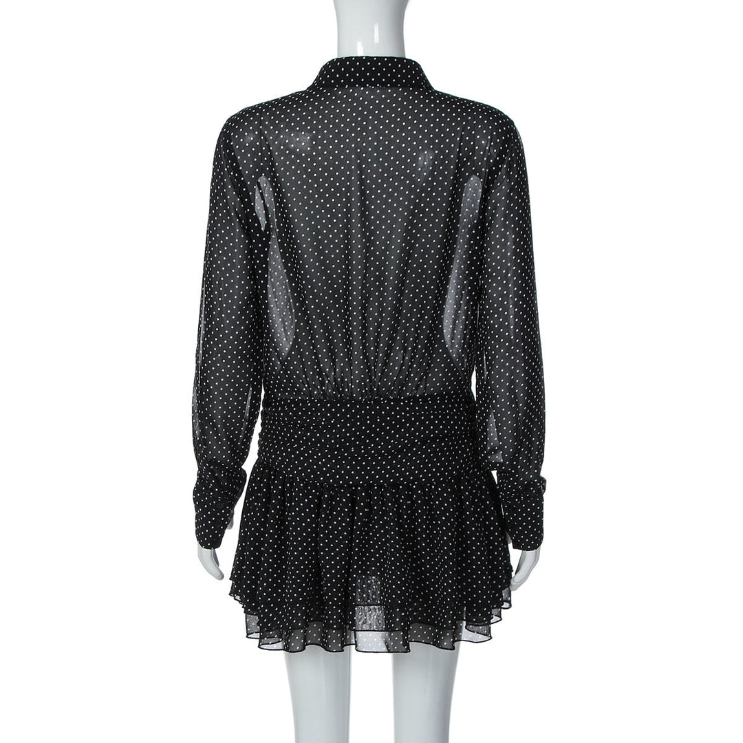 Turnover collar long sleeve button chiffon polka dot mini dress  | Festival Outfits Women