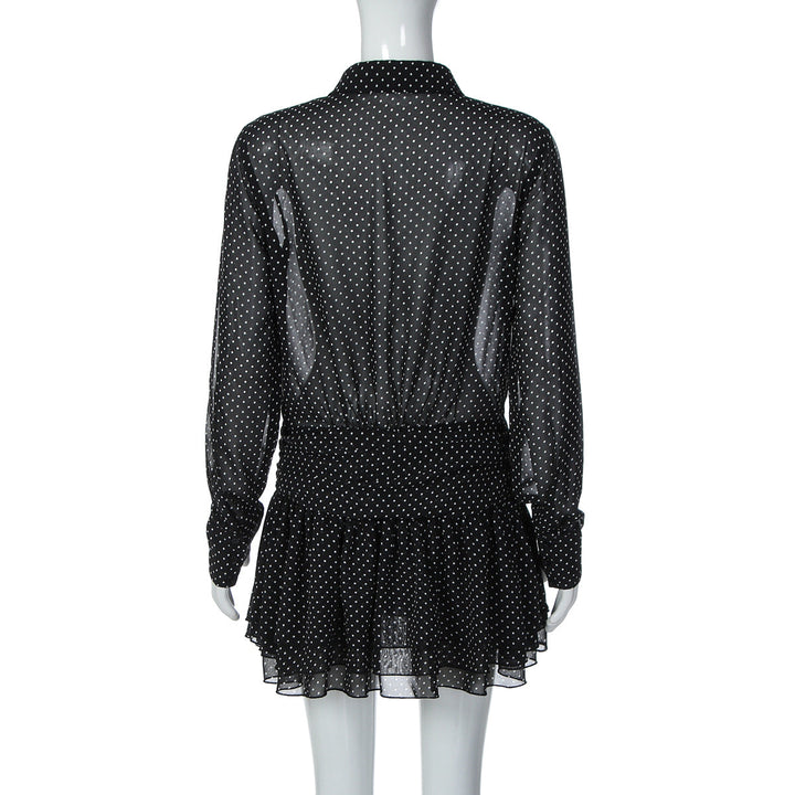 Turnover collar long sleeve button chiffon polka dot mini dress  | Festival Outfits Women