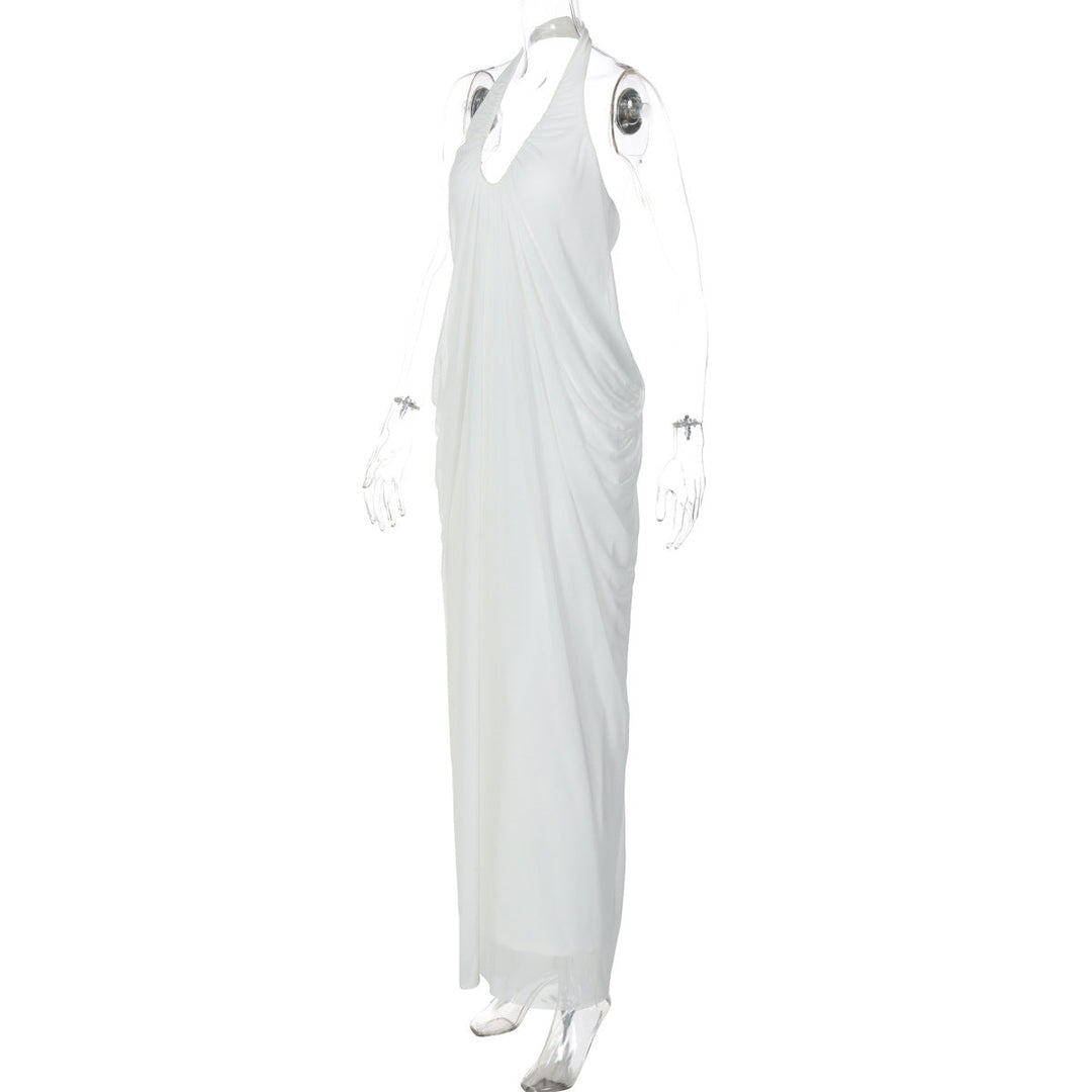 Halter v neck ruched backless mesh maxi dress  | Festival Outfits Women