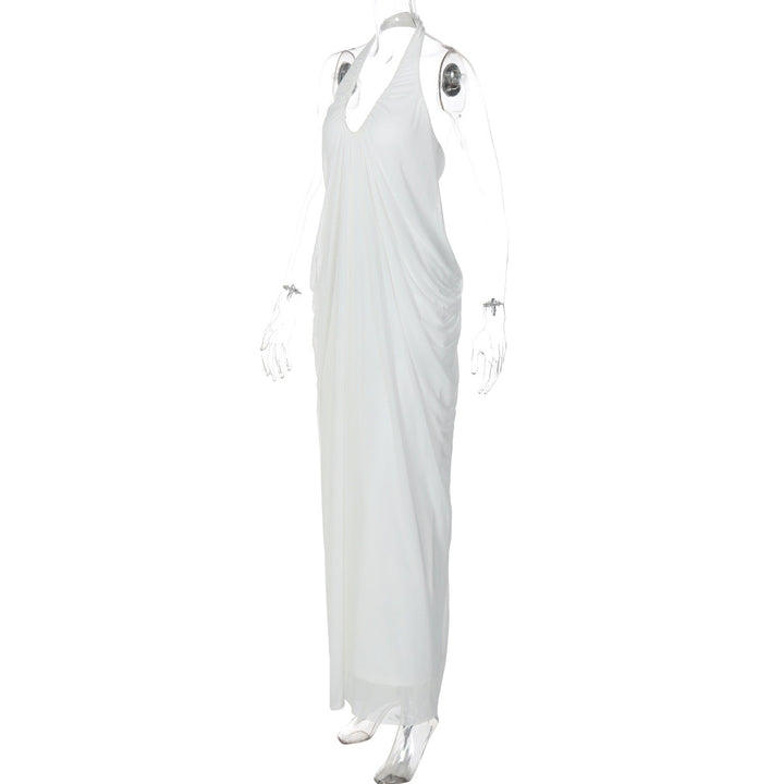 Halter v neck ruched backless mesh maxi dress  | Festival Outfits Women