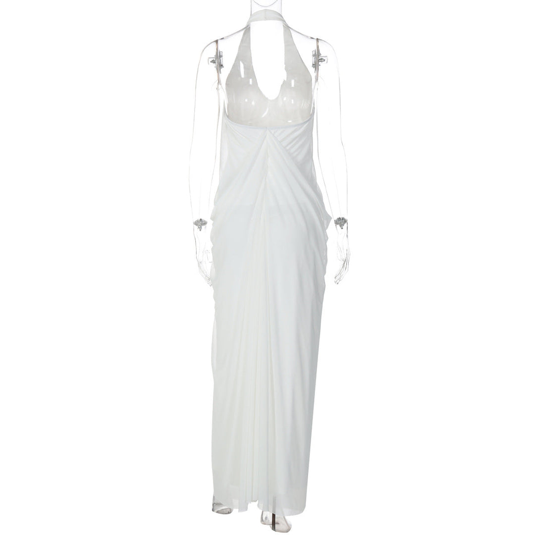 Halter v neck ruched backless mesh maxi dress  | Festival Outfits Women