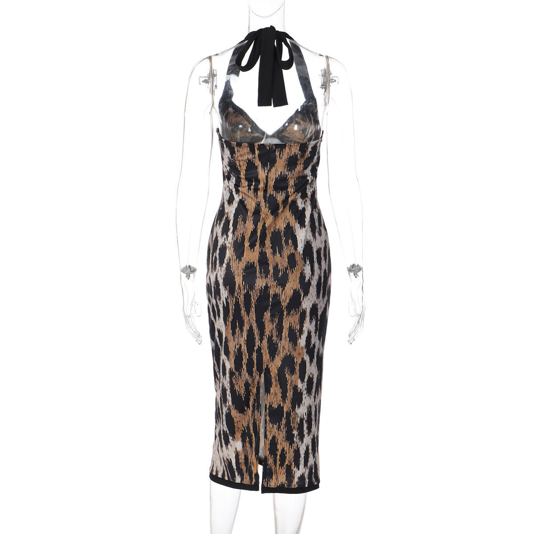 Leopard print halter v neck backless slit maxi dress  | Festival Outfits Women
