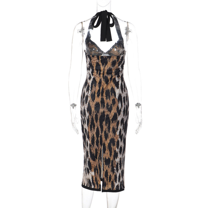 Leopard print halter v neck backless slit maxi dress  | Festival Outfits Women