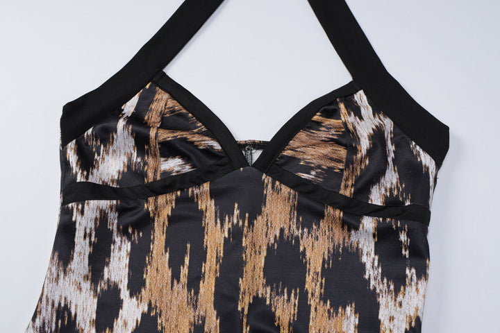 Leopard print halter v neck backless slit maxi dress  | Festival Outfits Women