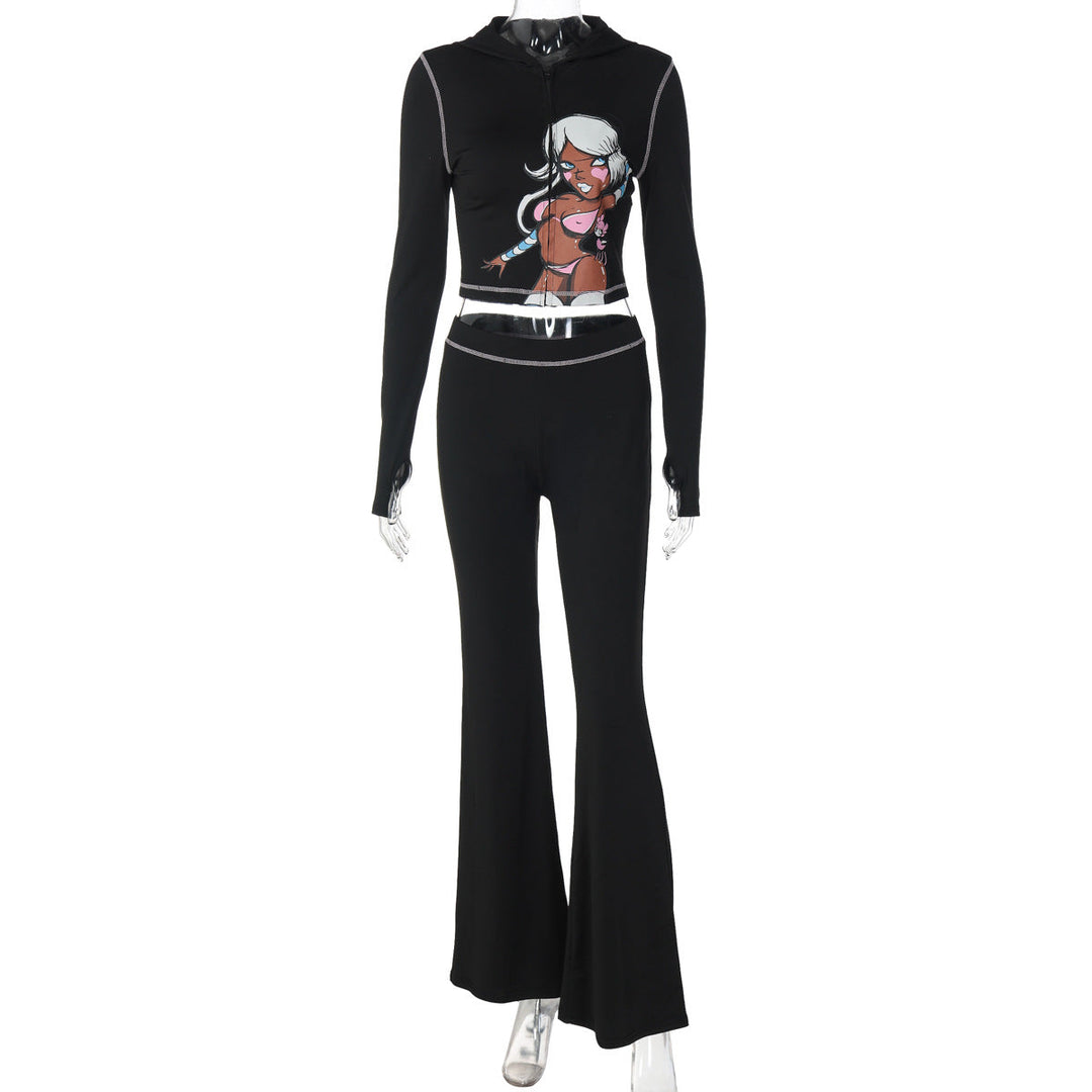 Long sleeve hoodie pattern zip-up pant set  | Festival Outfits Women
