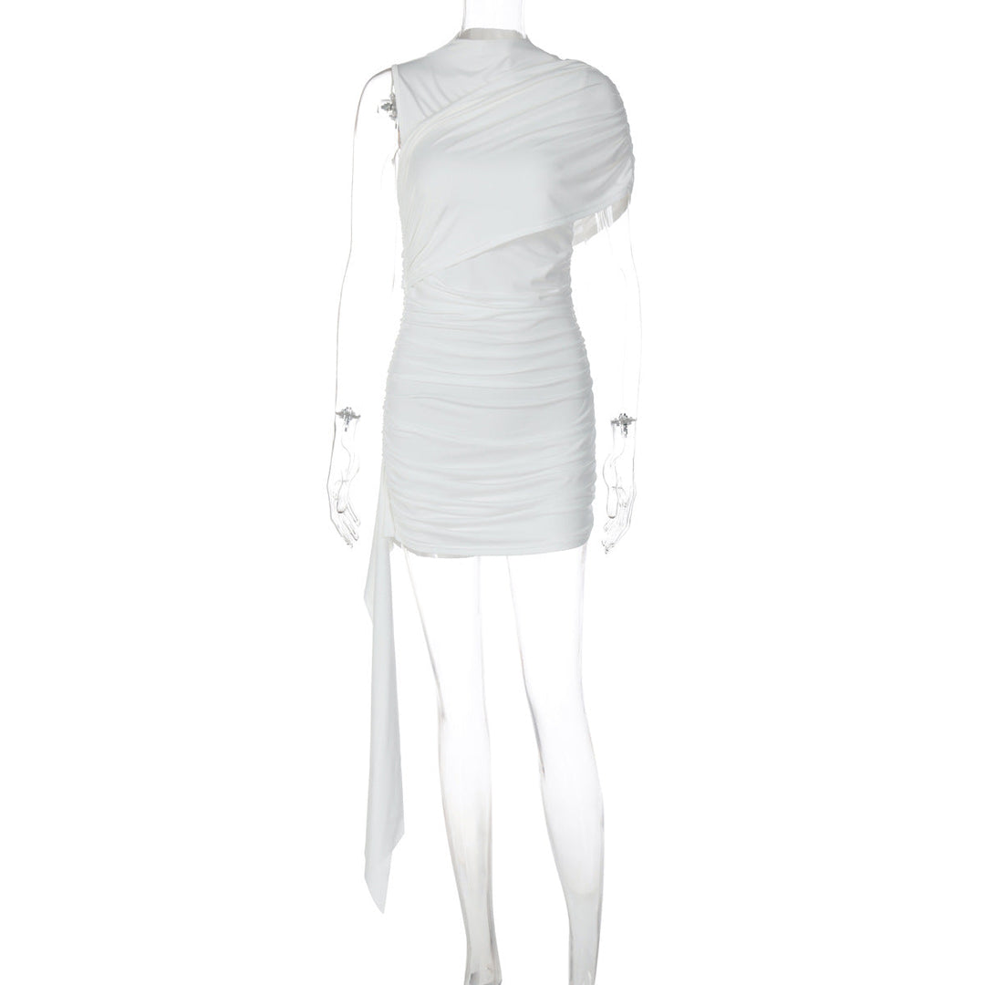 Ruched one shoulder solid high neck mini dress  | Festival Outfits Women