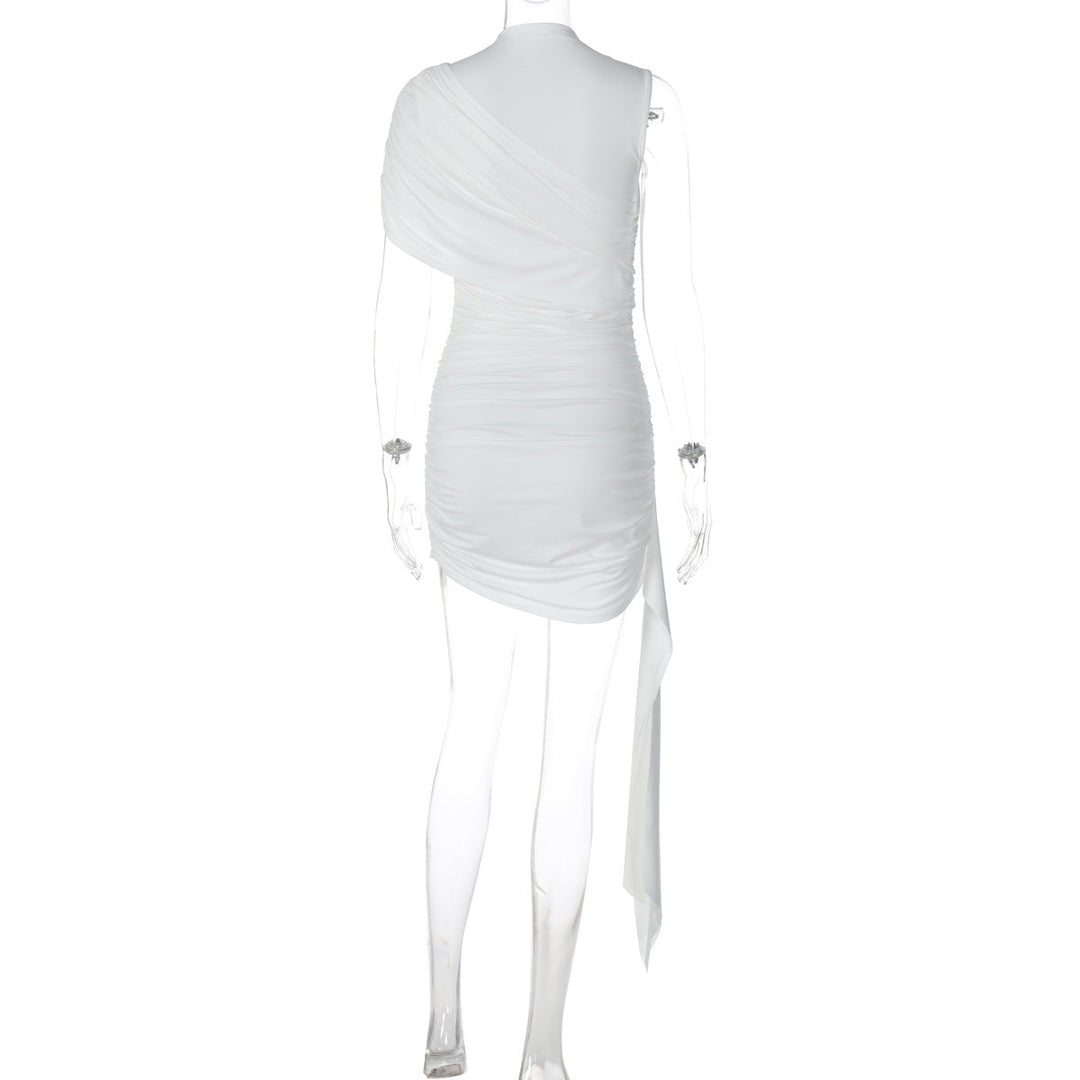 Ruched one shoulder solid high neck mini dress  | Festival Outfits Women