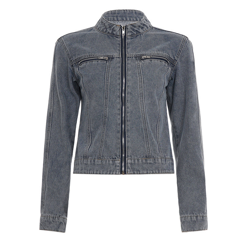 Crewneck zip-up long sleeve denim top  | Festival Outfits Women