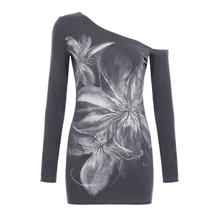 One shoulder long irregular sleeve flower print top  | Festival Outfits Women