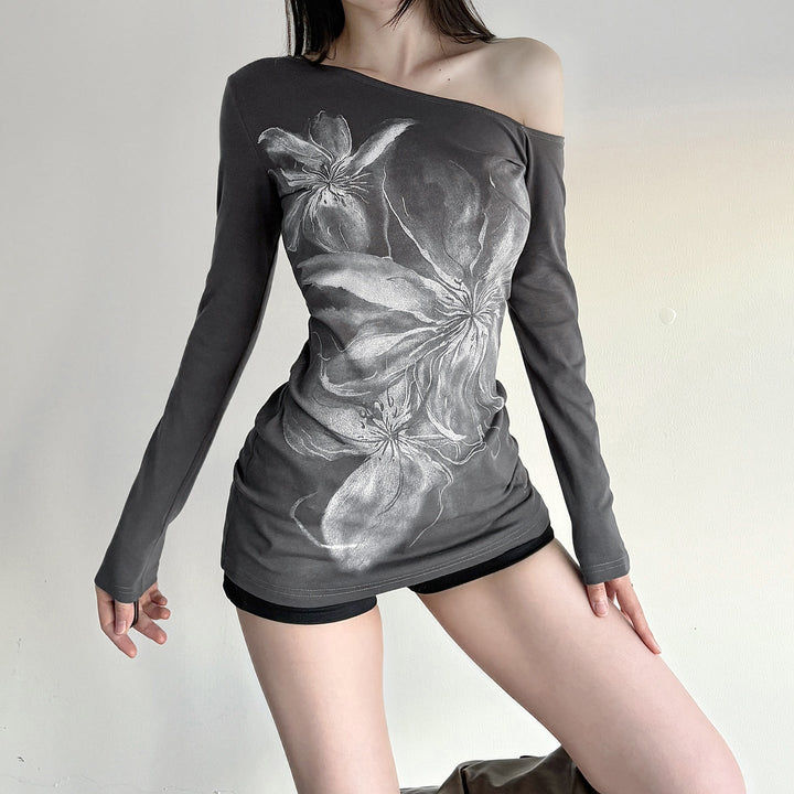 One shoulder long irregular sleeve flower print top  | Festival Outfits Women