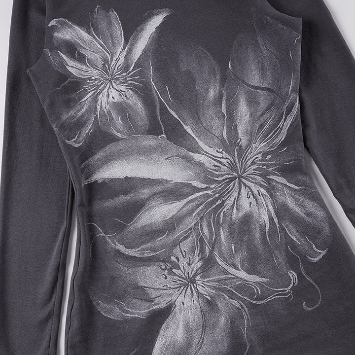 One shoulder long irregular sleeve flower print top  | Festival Outfits Women