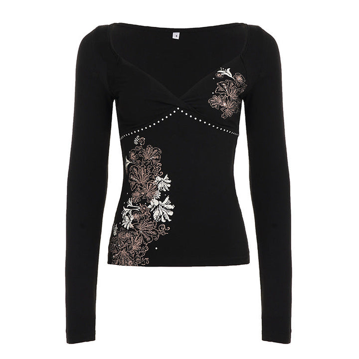 Long sleeve v neck flower pattern top  | Festival Outfits Women