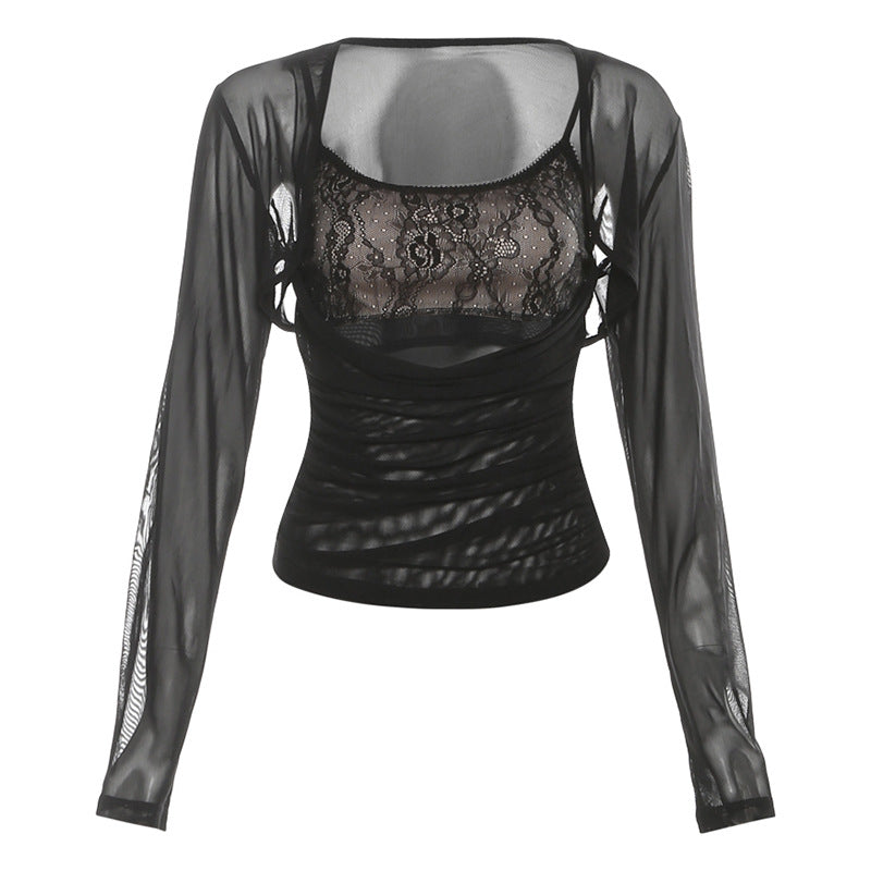Long sleeve hollow out ruched u neck 2 piece cut out top  | Festival Outfits Women