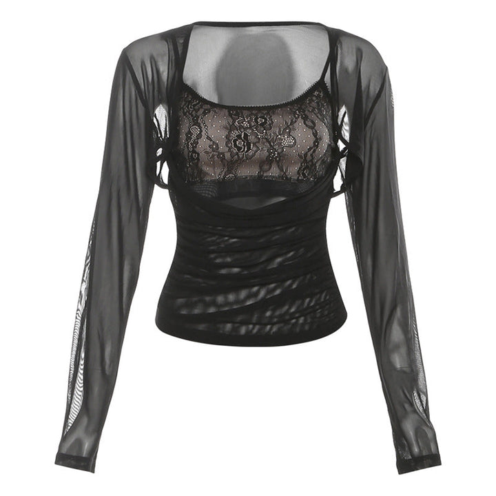 Long sleeve hollow out ruched u neck 2 piece cut out top  | Festival Outfits Women