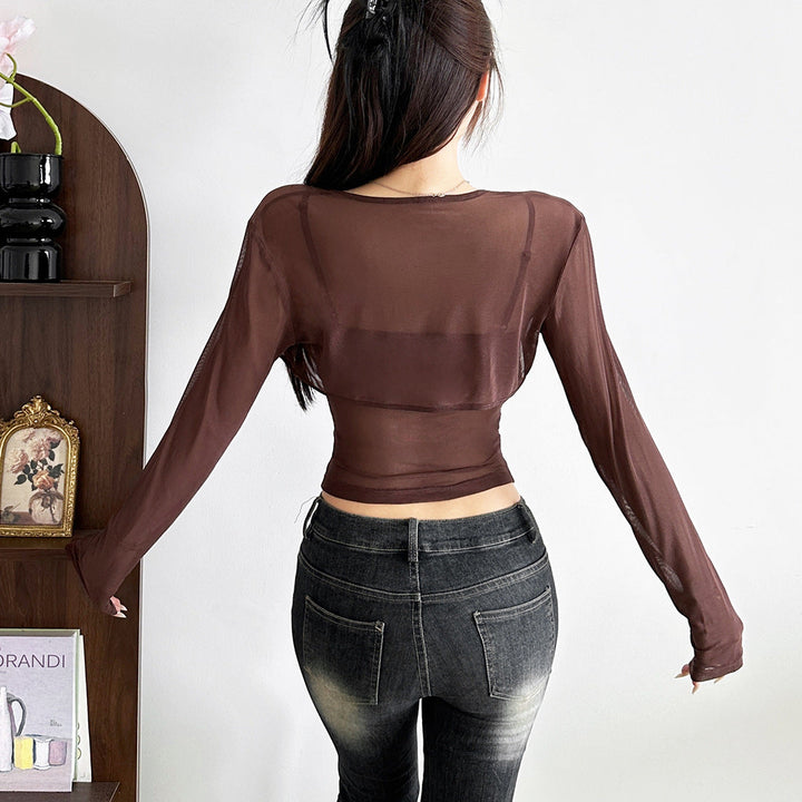 Long sleeve hollow out ruched u neck 2 piece cut out top  | Festival Outfits Women