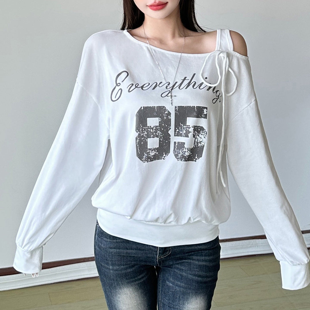 Irregular long sleeve letter pattern self tie top  | Festival Outfits Women