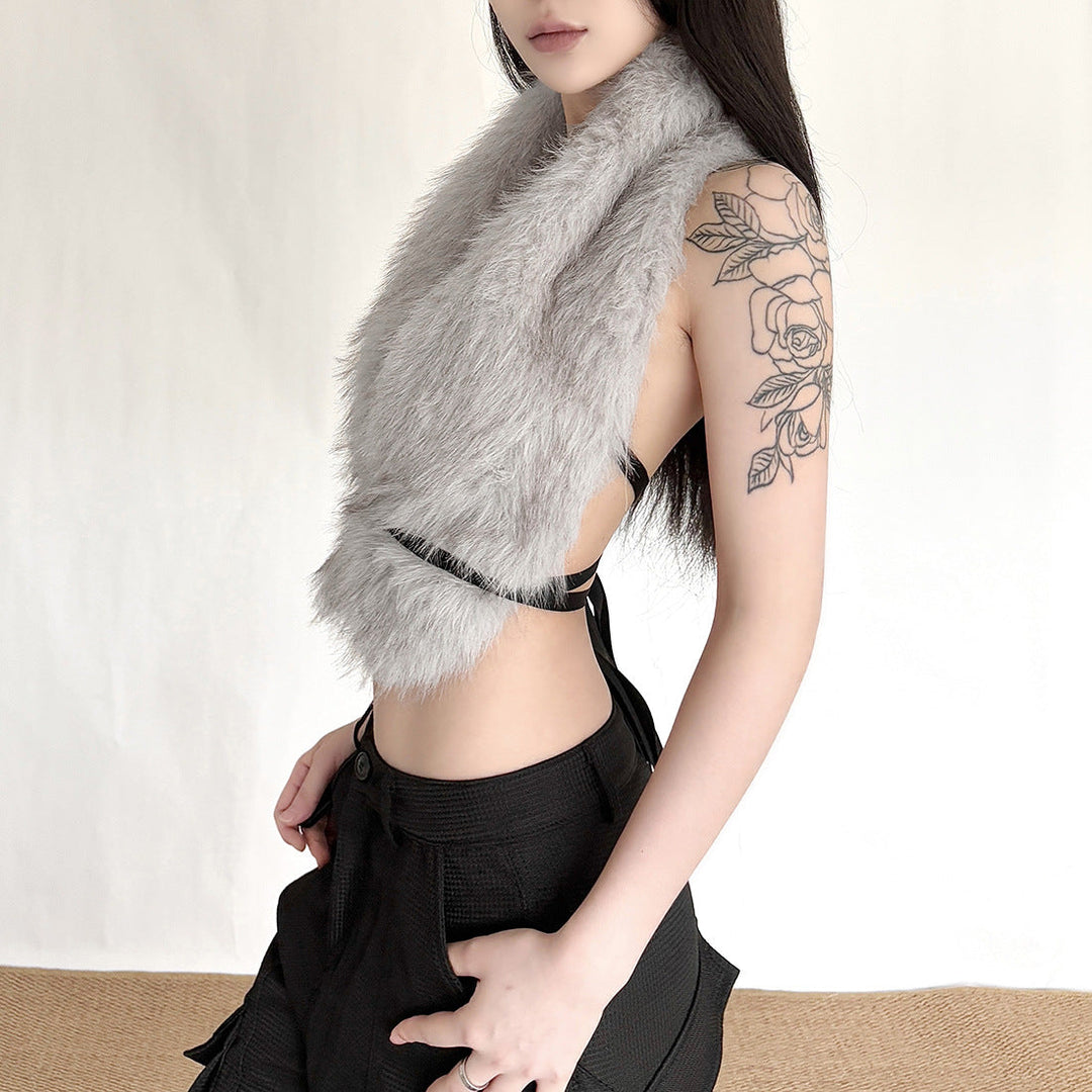 Halter self tie fluffy deep v neck top  | Festival Outfits Women