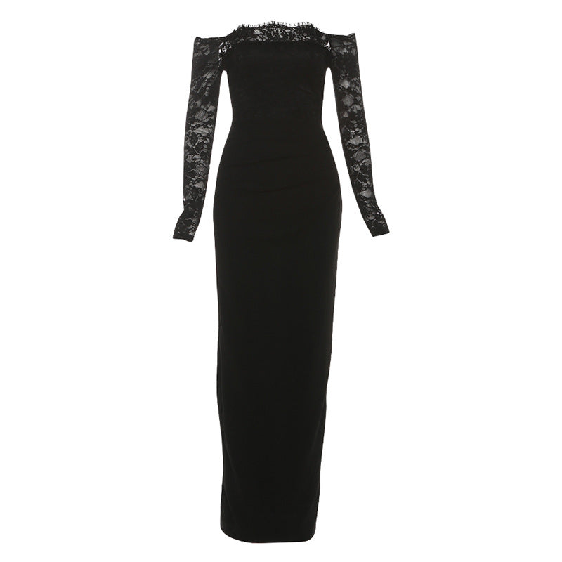 Lace long sleeve off shoulder pleated maxi dress  | Festival Outfits Women