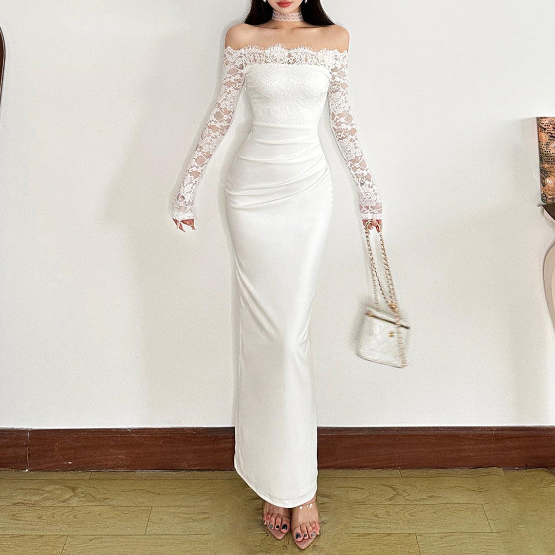 Lace long sleeve off shoulder pleated maxi dress  | Festival Outfits Women