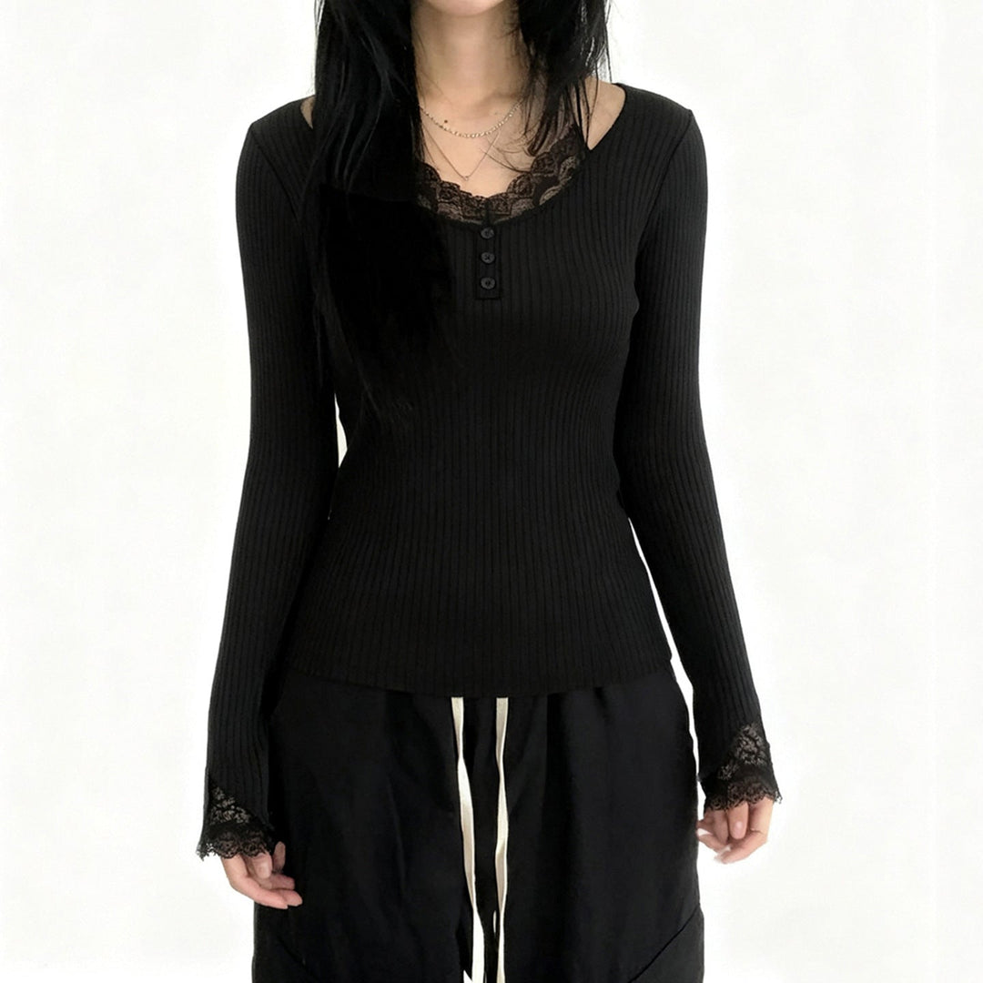 Long sleeve lace hem v neck solid top  | Festival Outfits Women