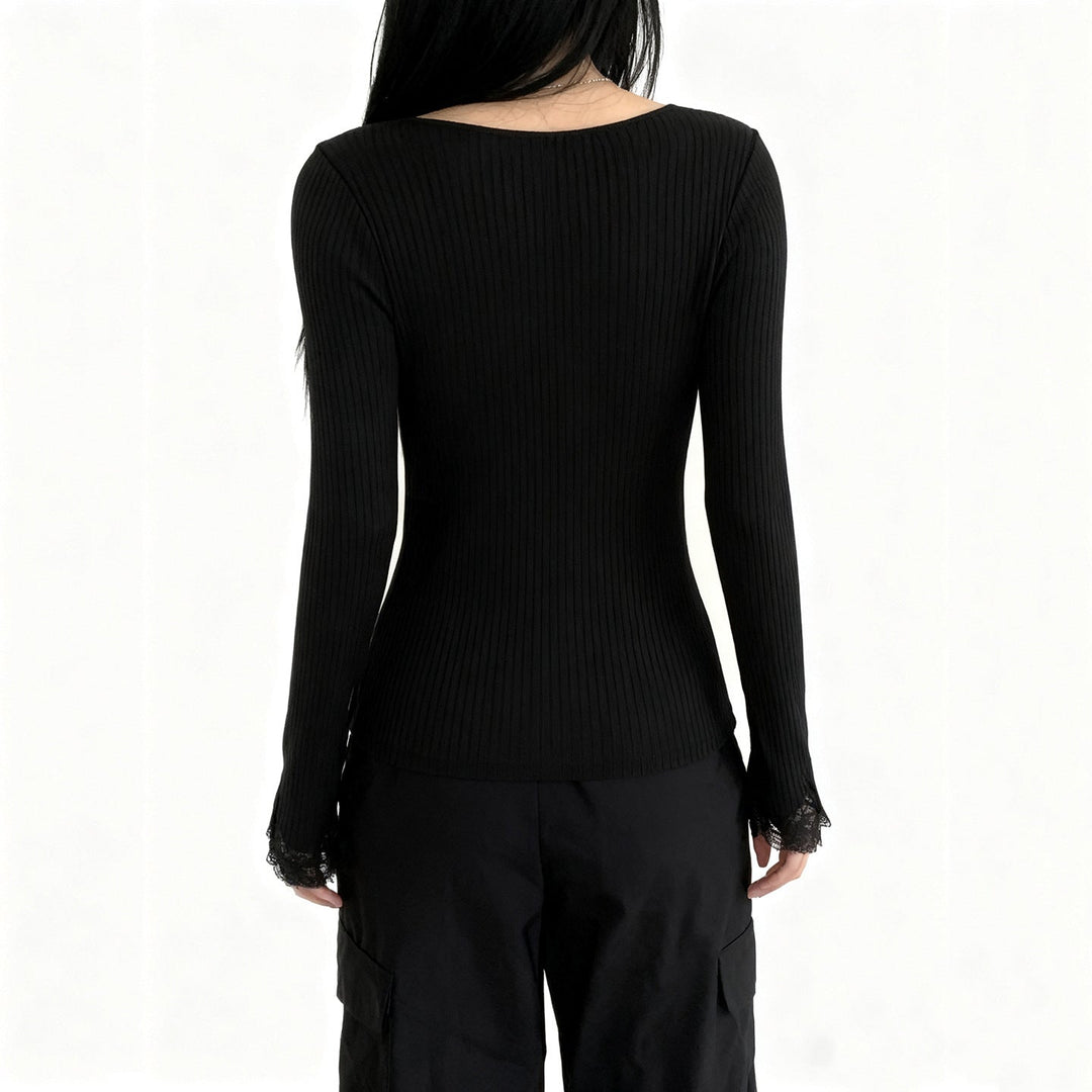 Long sleeve lace hem v neck solid top  | Festival Outfits Women