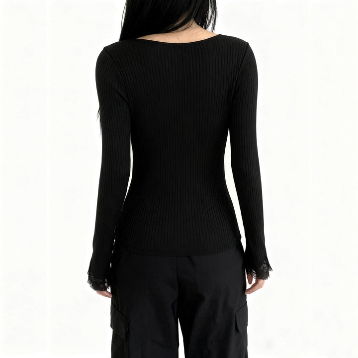Long sleeve lace hem v neck solid top  | Festival Outfits Women