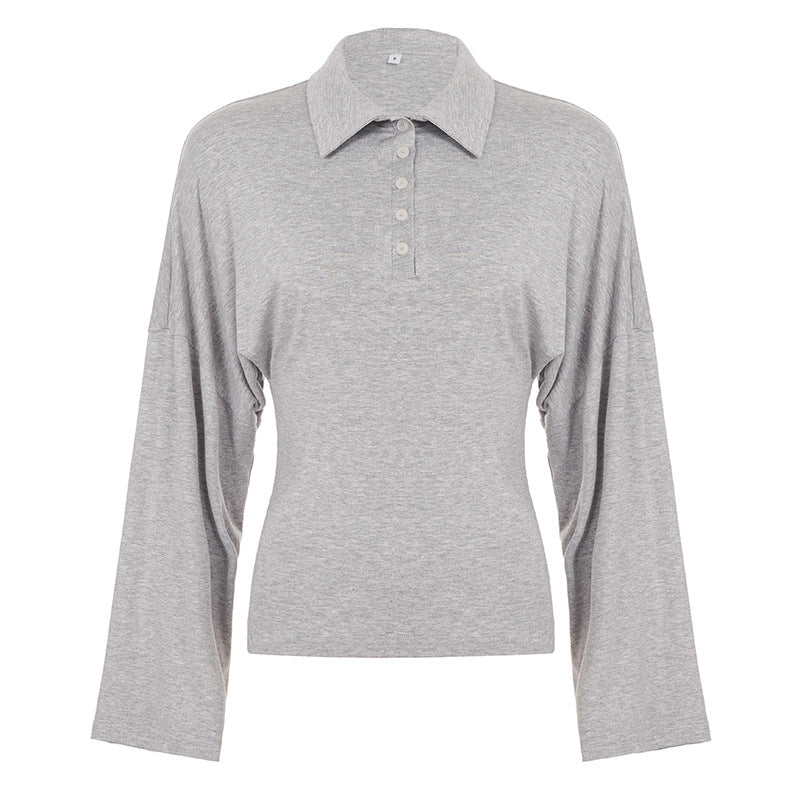 Long sleeve turnover collar button solid top  | Festival Outfits Women