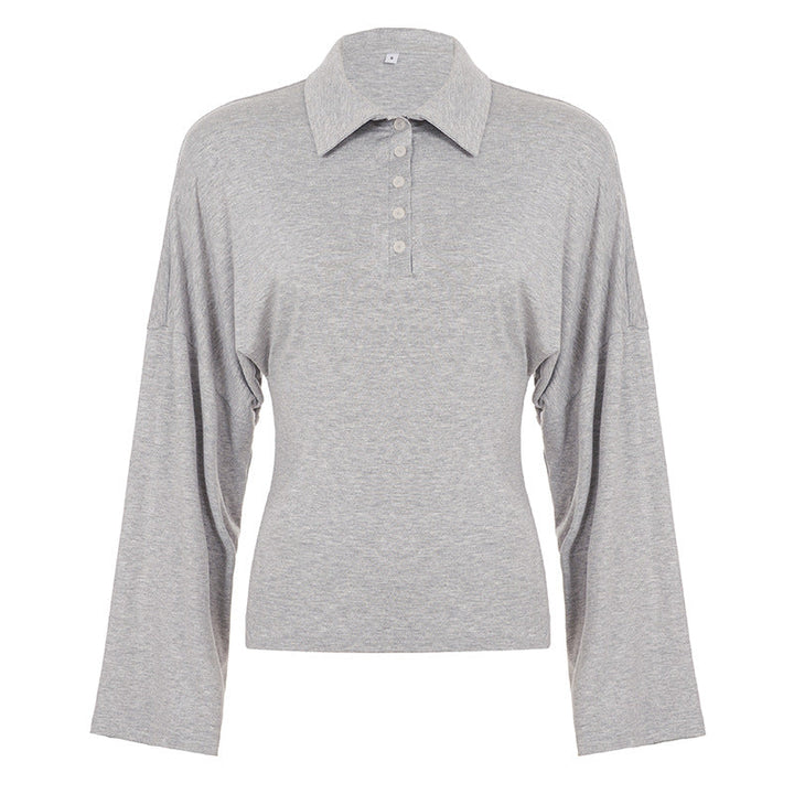 Long sleeve turnover collar button solid top  | Festival Outfits Women