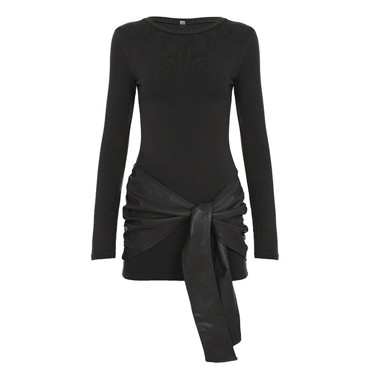 Crewneck long sleeve PU leather solid mini dress  | Festival Outfits Women