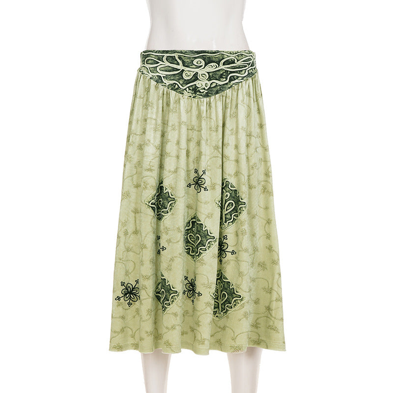 Ruched velvet print contrast midi skirt  | Festival Outfits Women