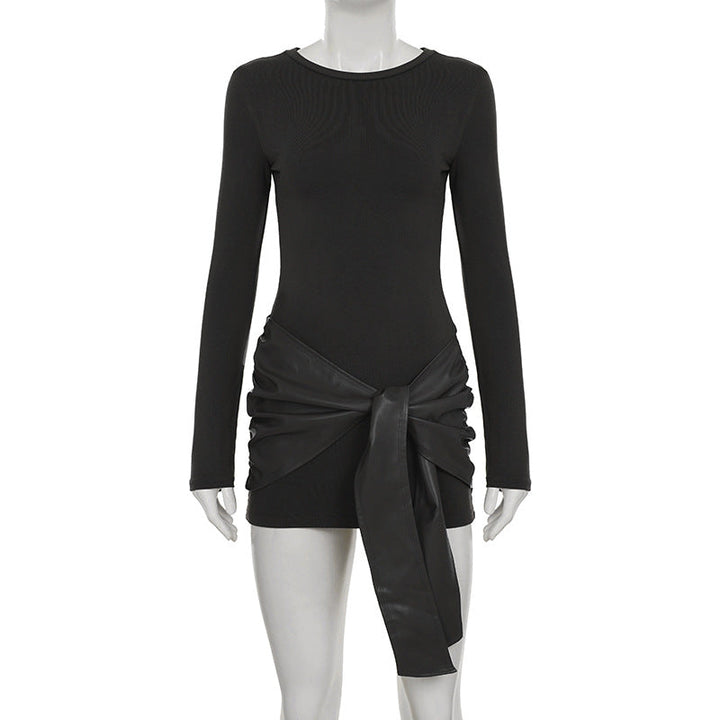 Crewneck long sleeve PU leather solid mini dress  | Festival Outfits Women