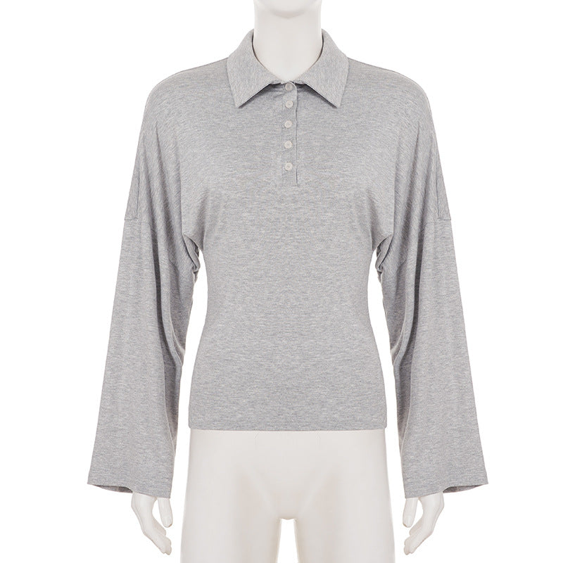 Long sleeve turnover collar button solid top  | Festival Outfits Women