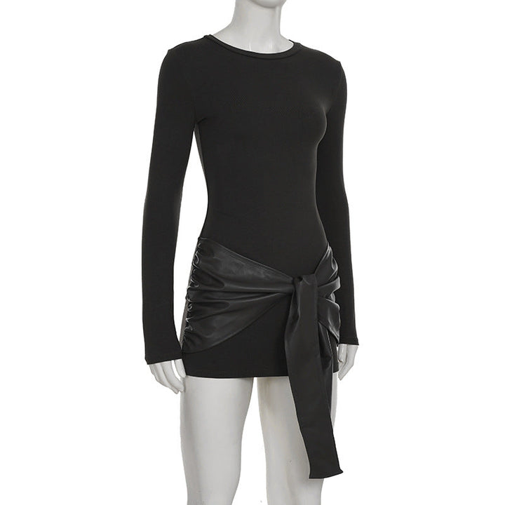 Crewneck long sleeve PU leather solid mini dress  | Festival Outfits Women