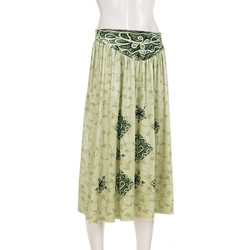 Ruched velvet print contrast midi skirt  | Festival Outfits Women