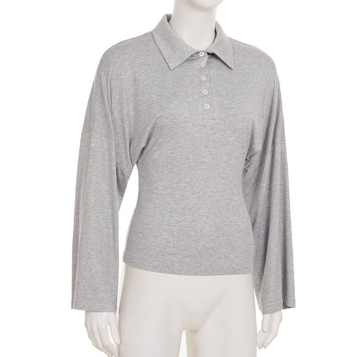 Long sleeve turnover collar button solid top  | Festival Outfits Women