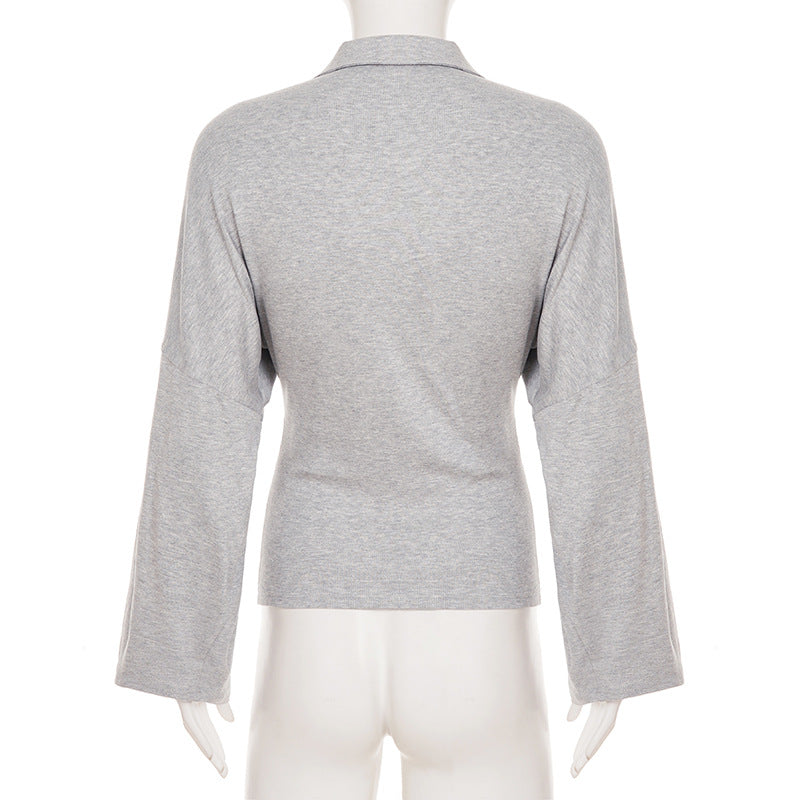 Long sleeve turnover collar button solid top  | Festival Outfits Women