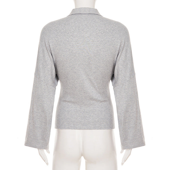 Long sleeve turnover collar button solid top  | Festival Outfits Women