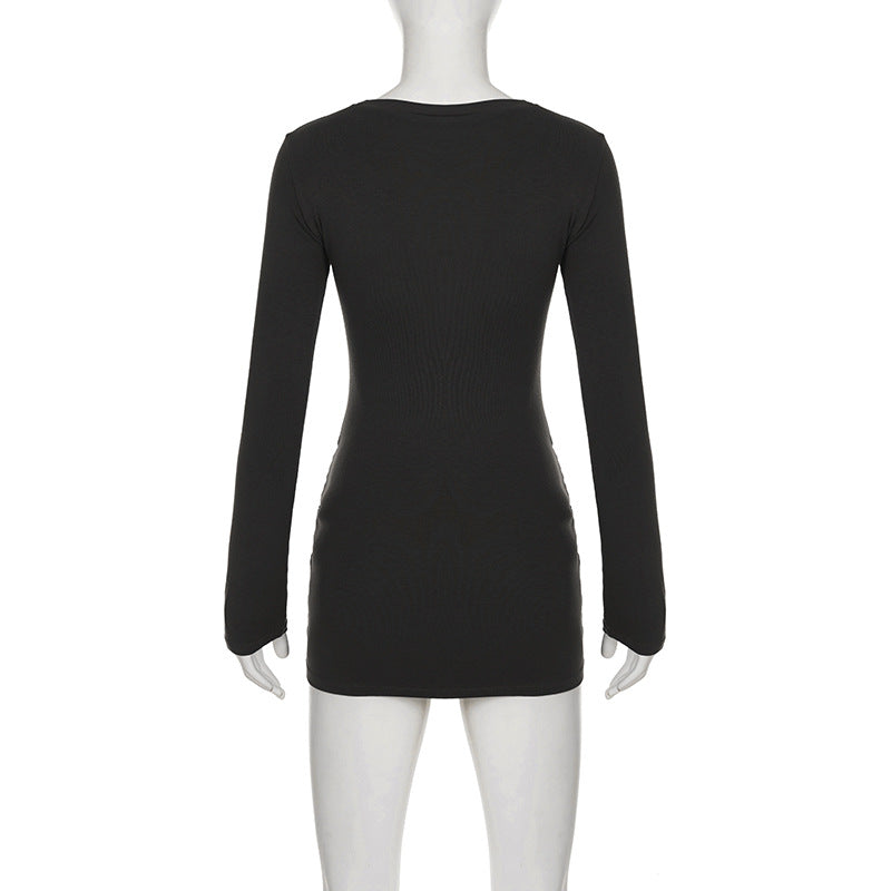 Crewneck long sleeve PU leather solid mini dress  | Festival Outfits Women