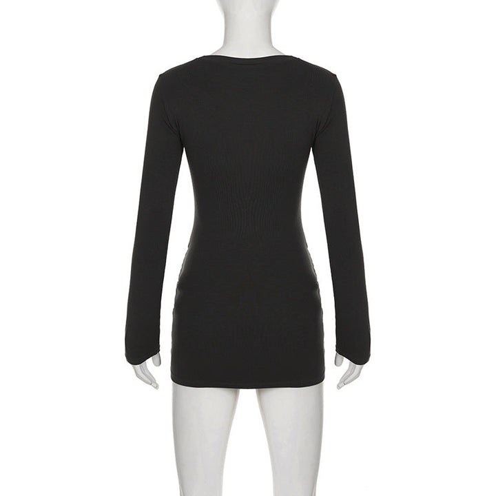 Crewneck long sleeve PU leather solid mini dress  | Festival Outfits Women