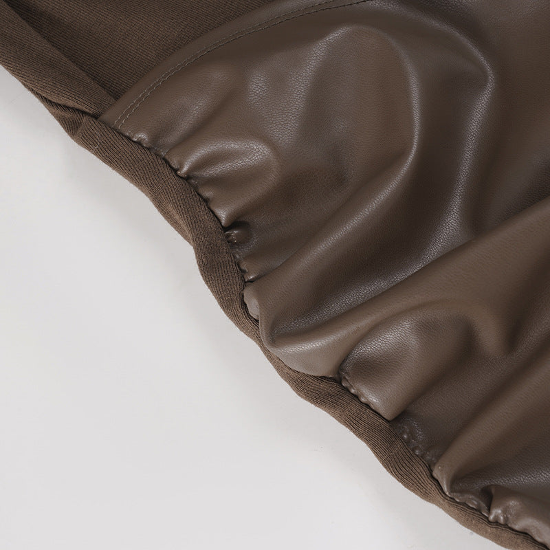 Crewneck long sleeve PU leather solid mini dress  | Festival Outfits Women