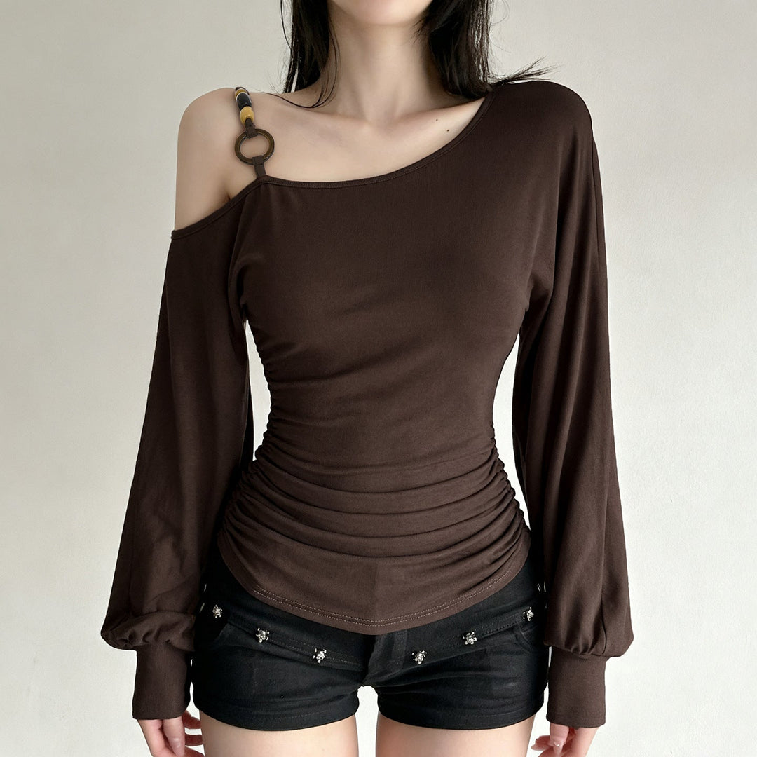 Long sleeve o ring beaded ruched irregular top  | Festival Outfits Women