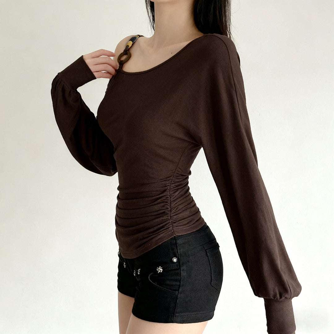 Long sleeve o ring beaded ruched irregular top  | Festival Outfits Women