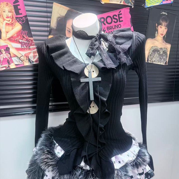 Long sleeve ruffle fluffy mini skirt set  | Festival Outfits Women