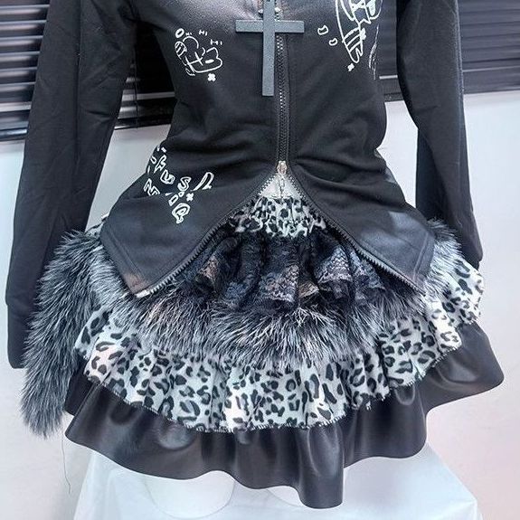 Long sleeve hoodie zip-up ruffle fluffy mini skirt set  | Festival Outfits Women