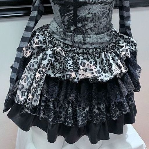 Hoodie long sleeve hollow out leopard print ruffle mini skirt set  | Festival Outfits Women  | Leopard Print Mini Dress
