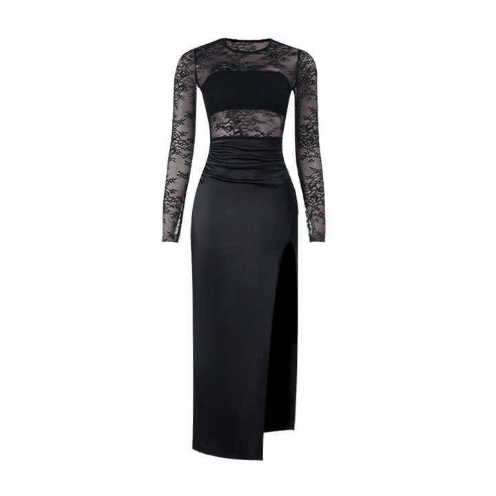 Crewneck lace long sleeve slit irregular maxi dress  | Festival Outfits Women