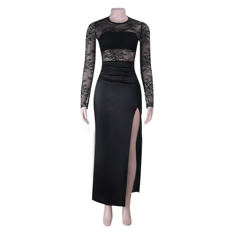 Crewneck lace long sleeve slit irregular maxi dress  | Festival Outfits Women