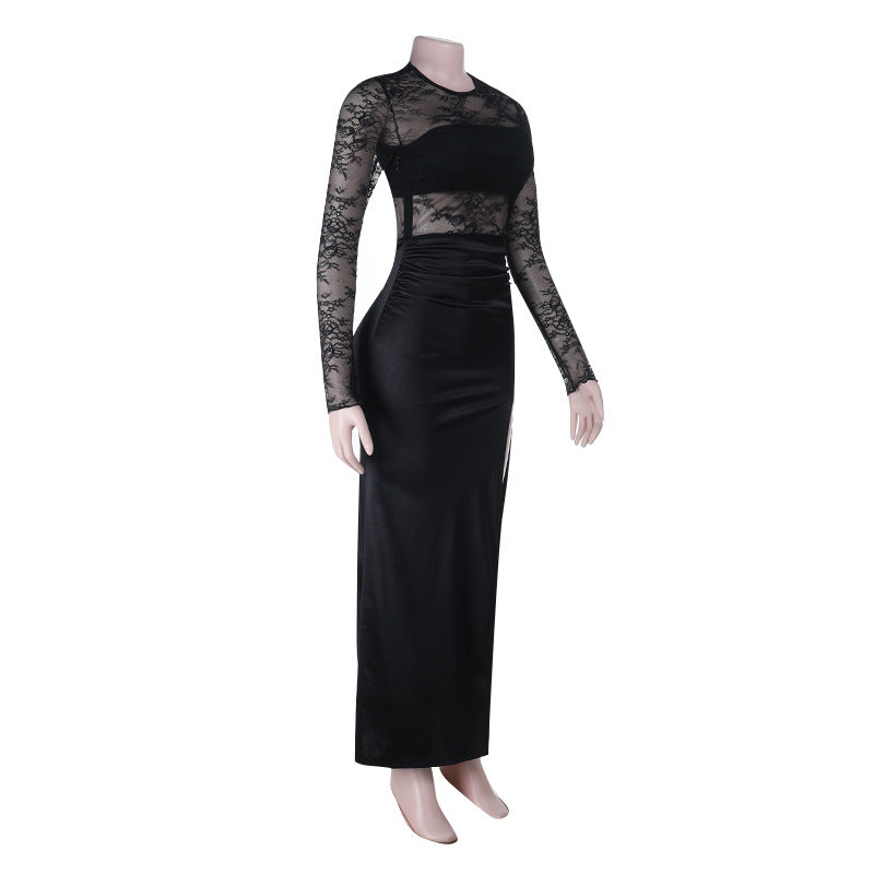 Crewneck lace long sleeve slit irregular maxi dress  | Festival Outfits Women