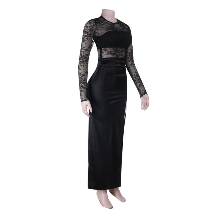 Crewneck lace long sleeve slit irregular maxi dress  | Festival Outfits Women