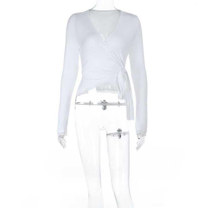 Self tie v neck long sleeve lace hem solid top  | Festival Outfits Women